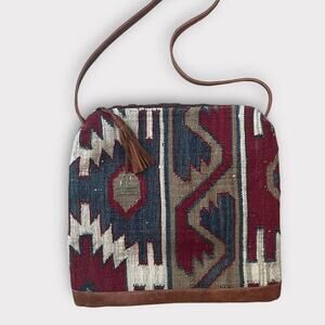 Southwestern Kelim Saddle Blanket Woven Tote Bag Purse Tooled Leather Trim
